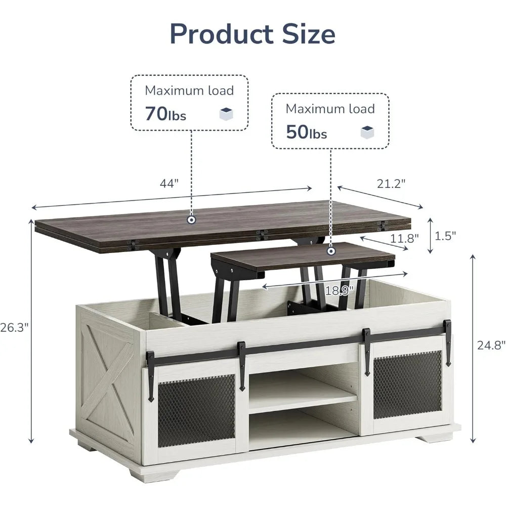 44" Farmhouse Lift Top Coffee Table – Storage with Sliding Barn Doors, 3-in-1 Multi-Function