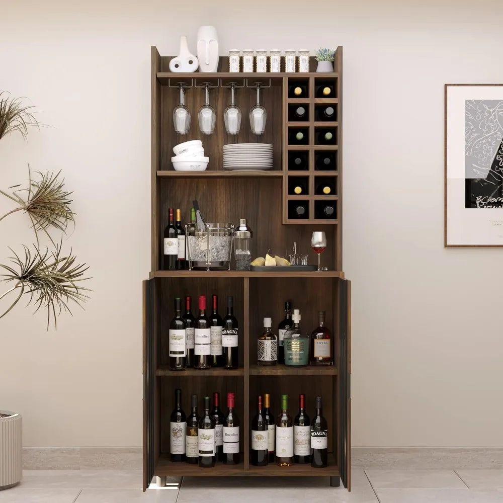 Wine Bar Cabinet – 12-Bottle Wine Rack with Glass Storage for Kitchen & Dining Room