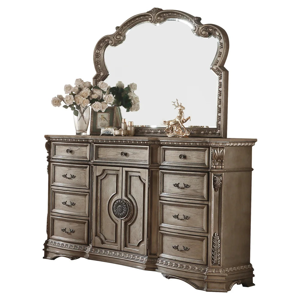 Antique Silver Wood-Top Dresser with Mirror – European Villa Style