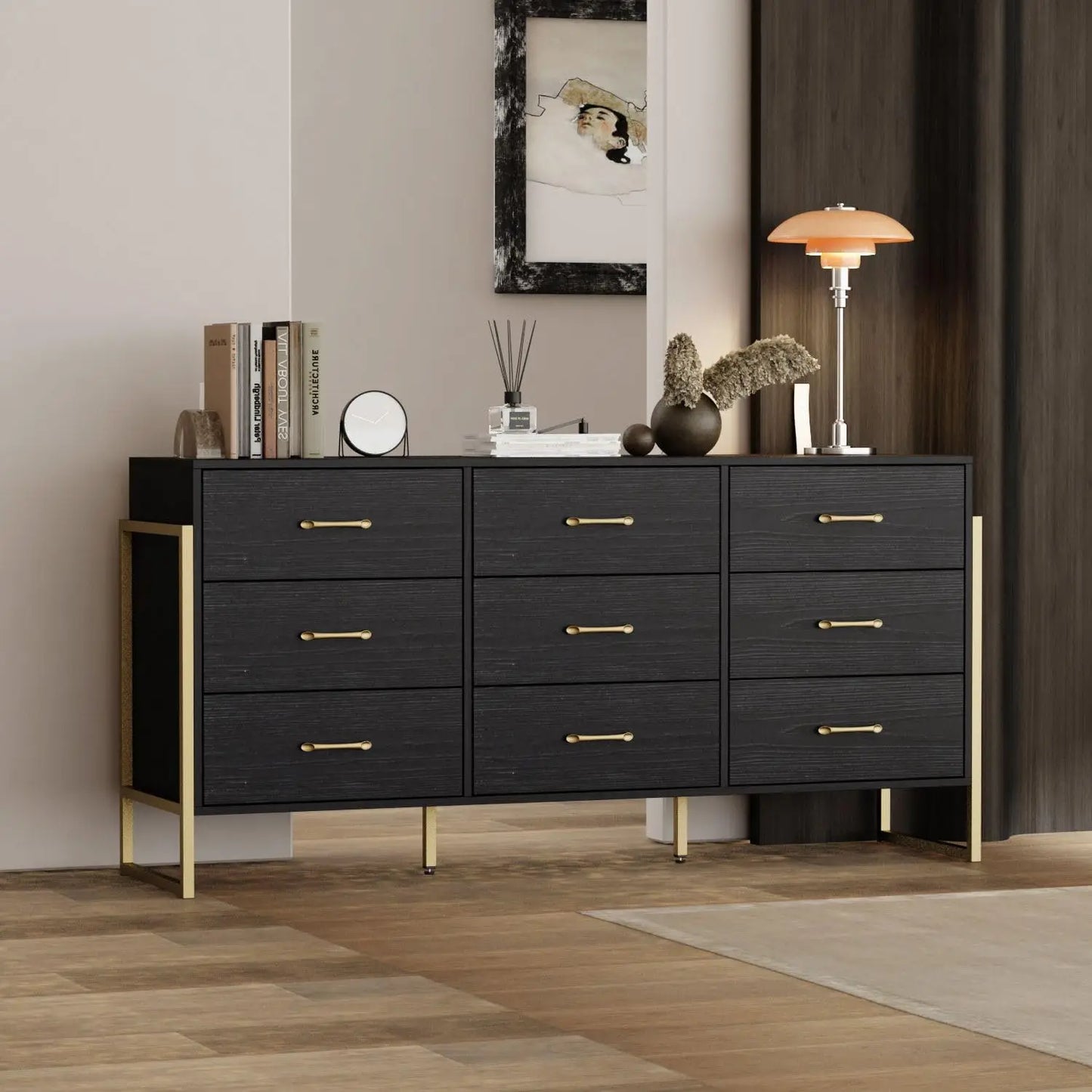 Modern 9 Drawer Black Dresser with Gold Legs – Large Bedroom Storage