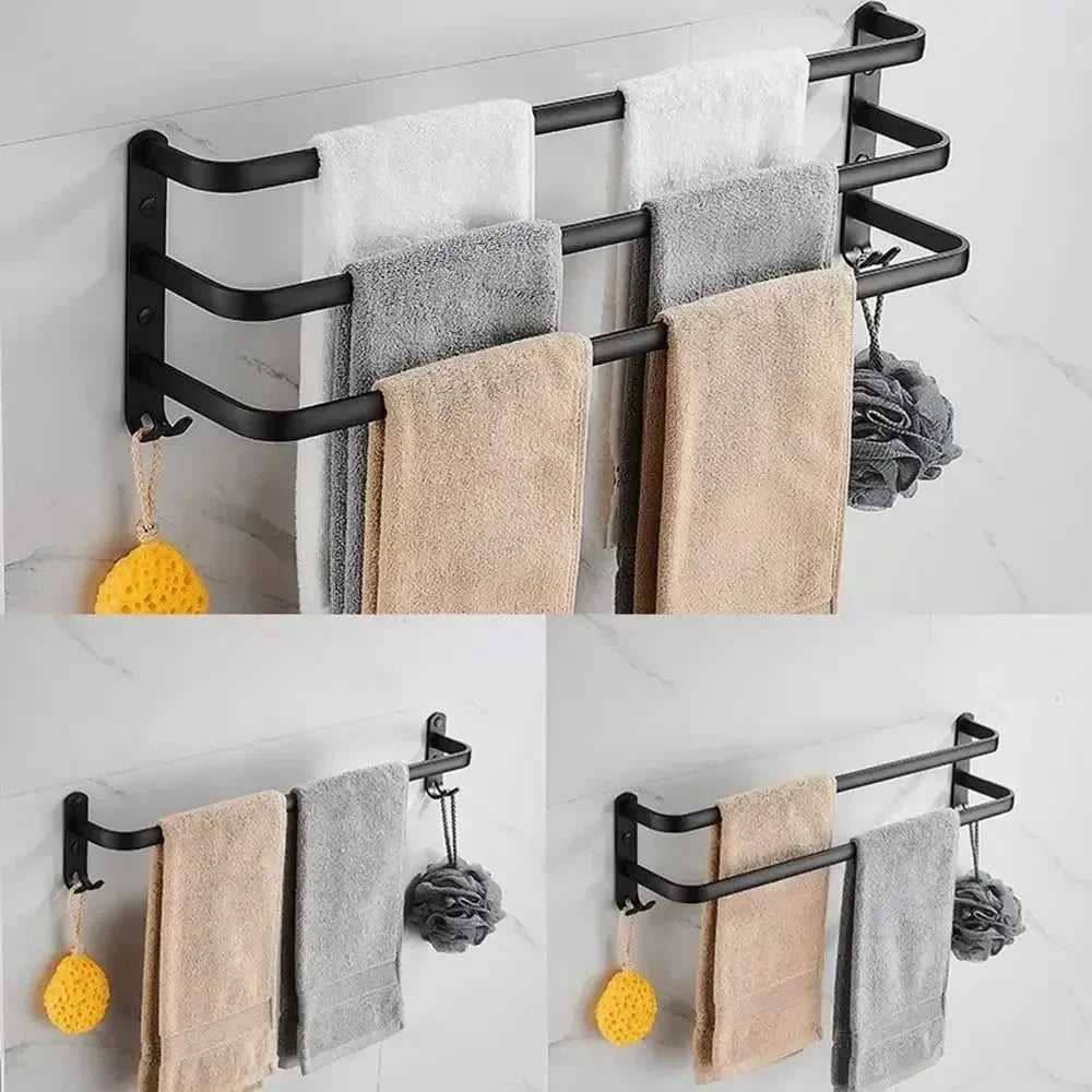 Aluminum Alloy Wall-Mount Bathroom Shelf with Hooks – Space-Saving Storage