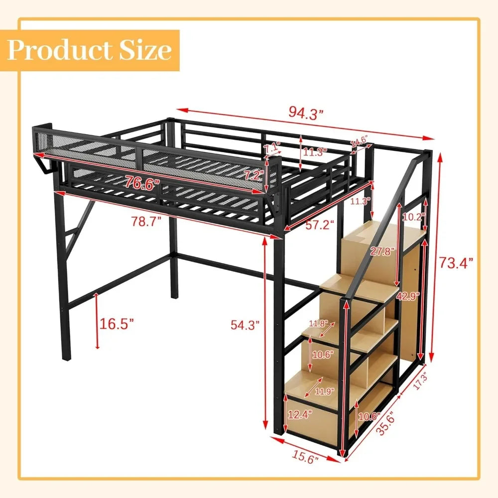 Full Size Loft Bed with Stairs – Built-In Shelf & Under-Bed Storage