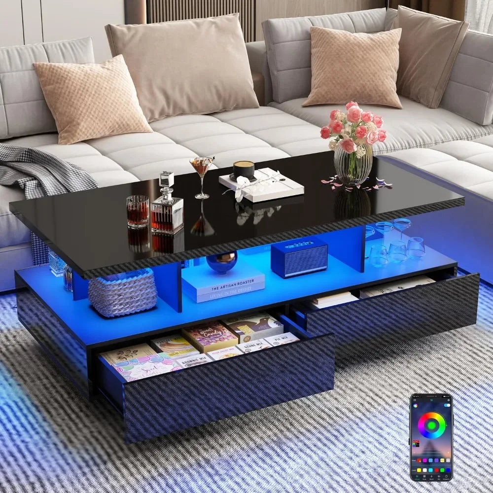 Modern Black LED Coffee Table – High Gloss with App Control Lights & 2 Storage Drawers