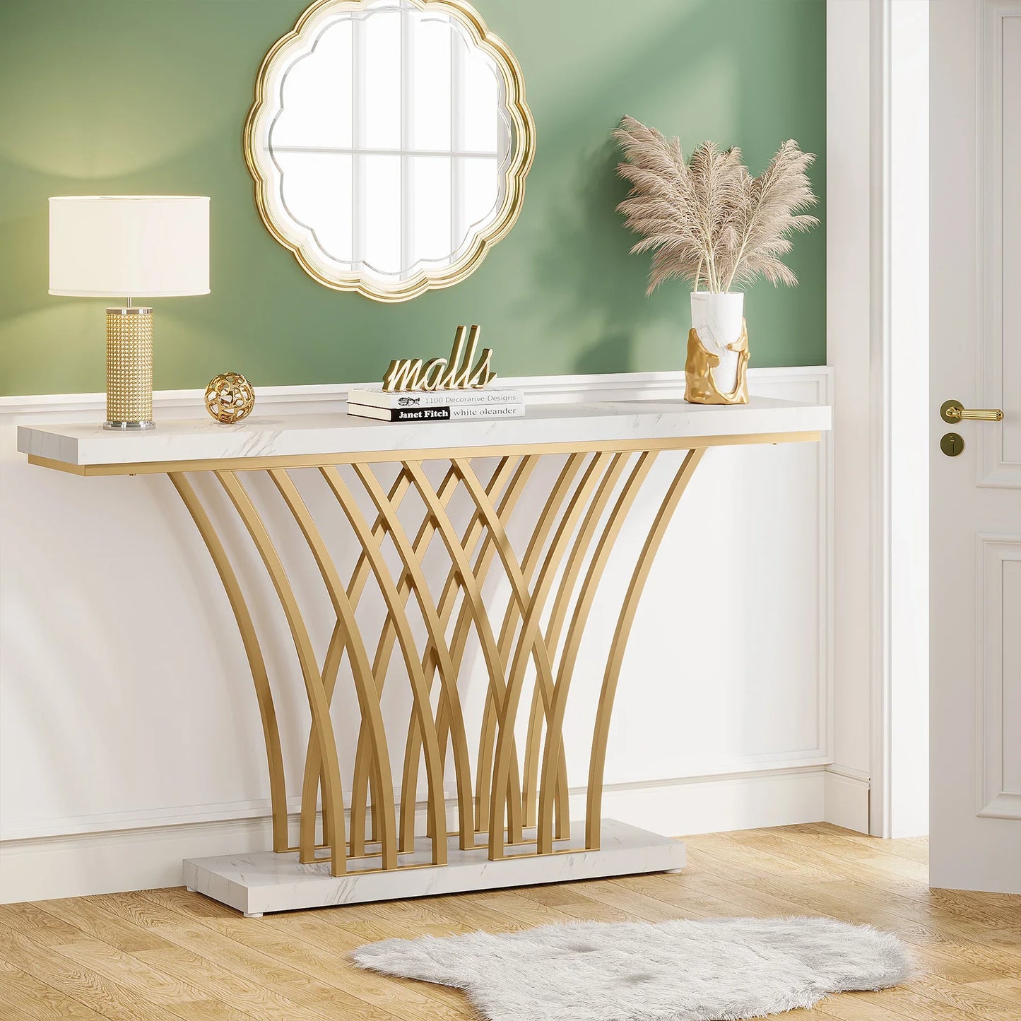 Tribesigns 59" Gold Console Table – Modern Entryway Table with Grid Metal Base
