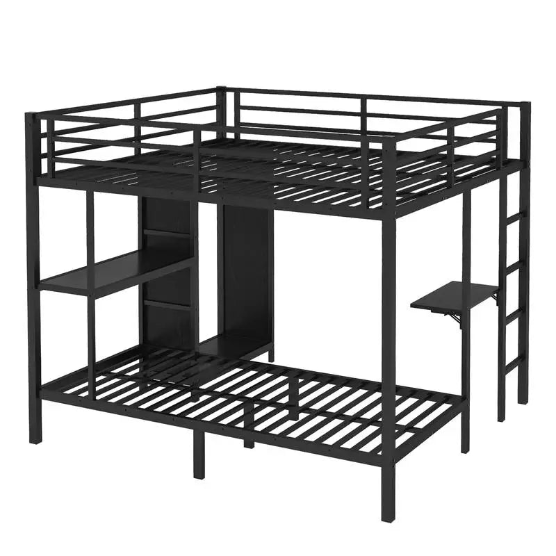 King over Twin XL Bunk Bed – Black Metal Frame with Wardrobe & Foldable Desk