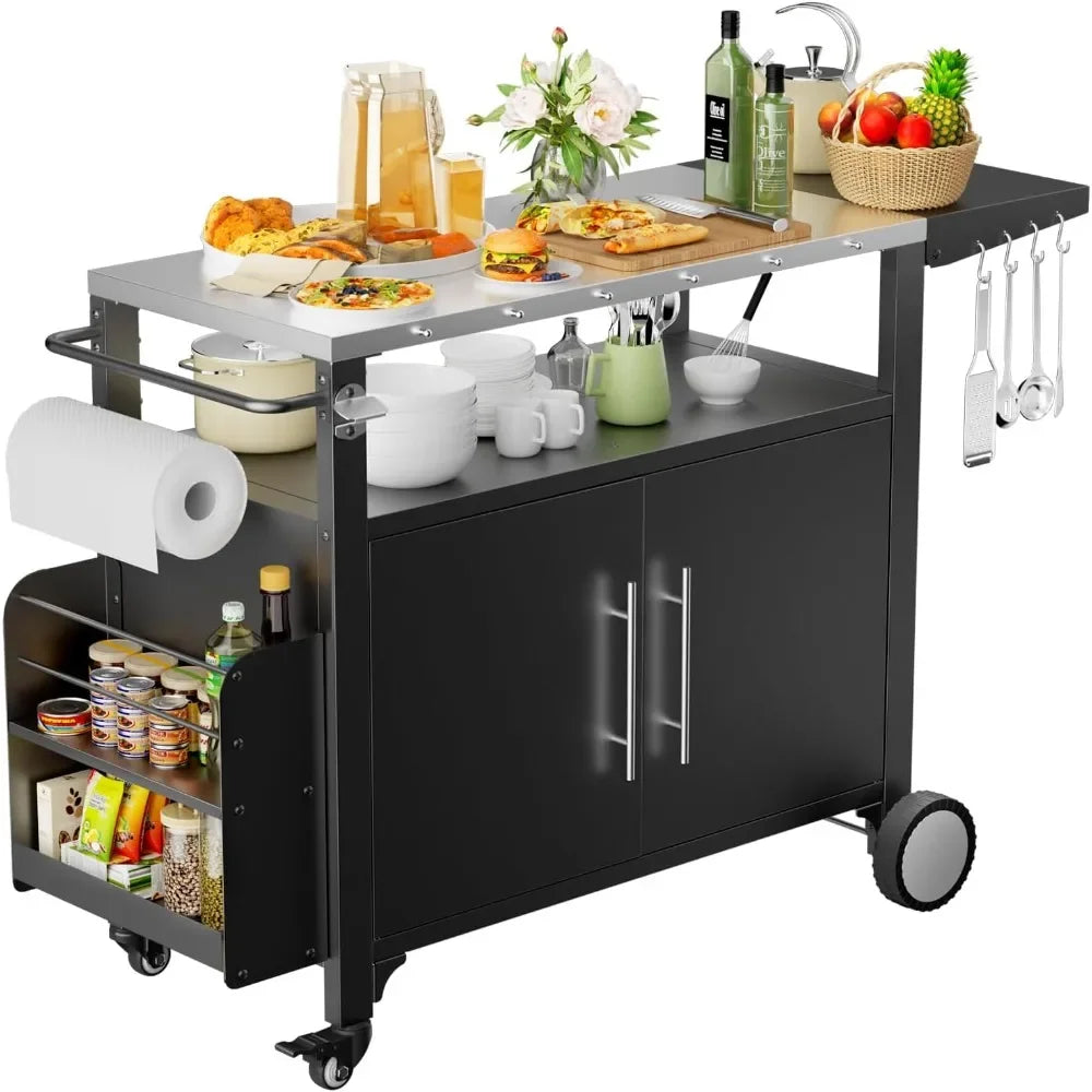 Outdoor Grill Cart with Storage – Patio Kitchen Island Table with Wheels, Hooks & Spice Rackoutdoor grill cart, patio kitchen island, BBQ prep table, rolling grill cart, outdoor storage table, waterproof grill table, BBQ ca