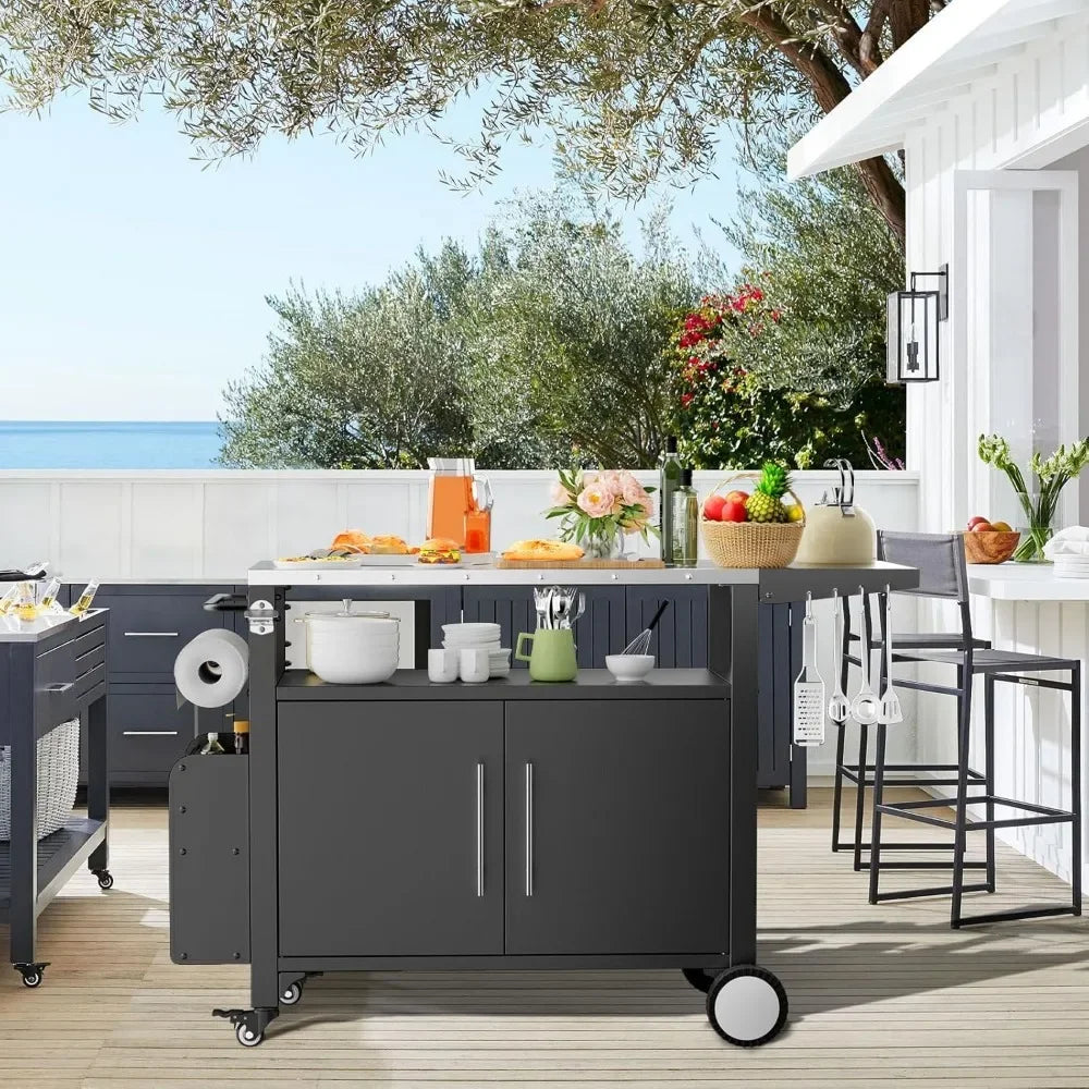 Outdoor Grill Cart with Storage – Patio Kitchen Island Table with Wheels, Hooks & Spice Rackoutdoor grill cart, patio kitchen island, BBQ prep table, rolling grill cart, outdoor storage table, waterproof grill table, BBQ ca