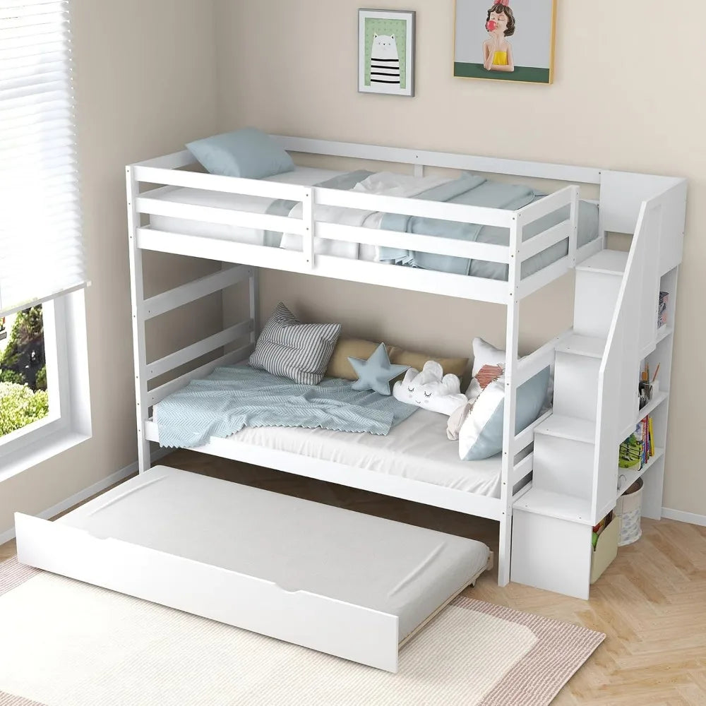 Twin over Twin Bunk Bed with Trundle & Stairs – Solid Wood Frame w/ Storage & Convertible Design