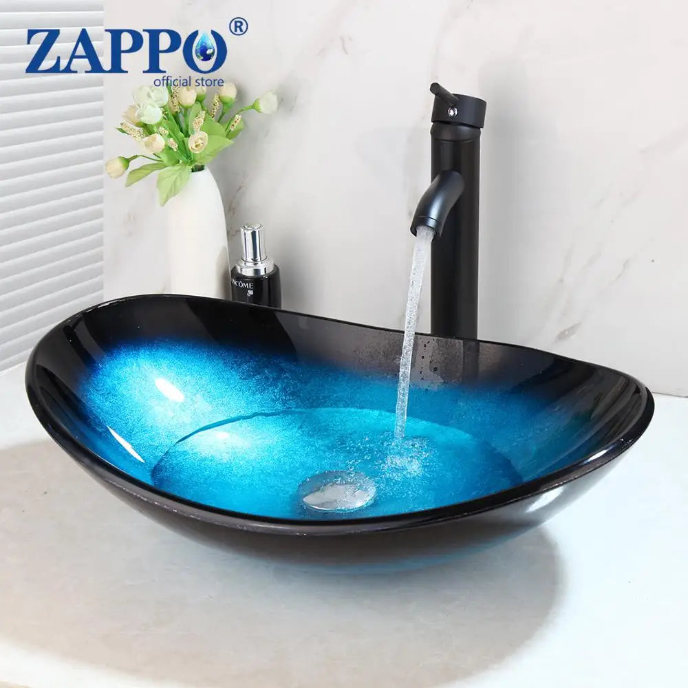 ZAPPO Blue Tempered Glass Vessel Sink – Oval Above-Counter Basin with Black Waterfall Faucet