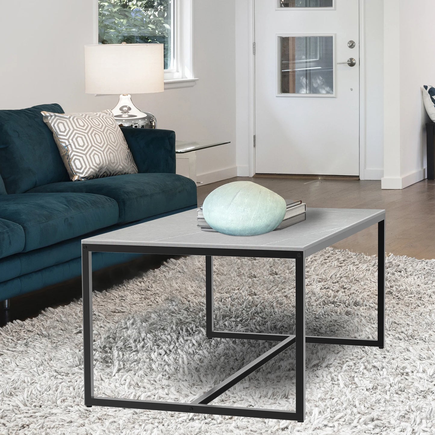 Modern Marble & Metal Coffee Table – Open Rectangle Accent Table for Living Room