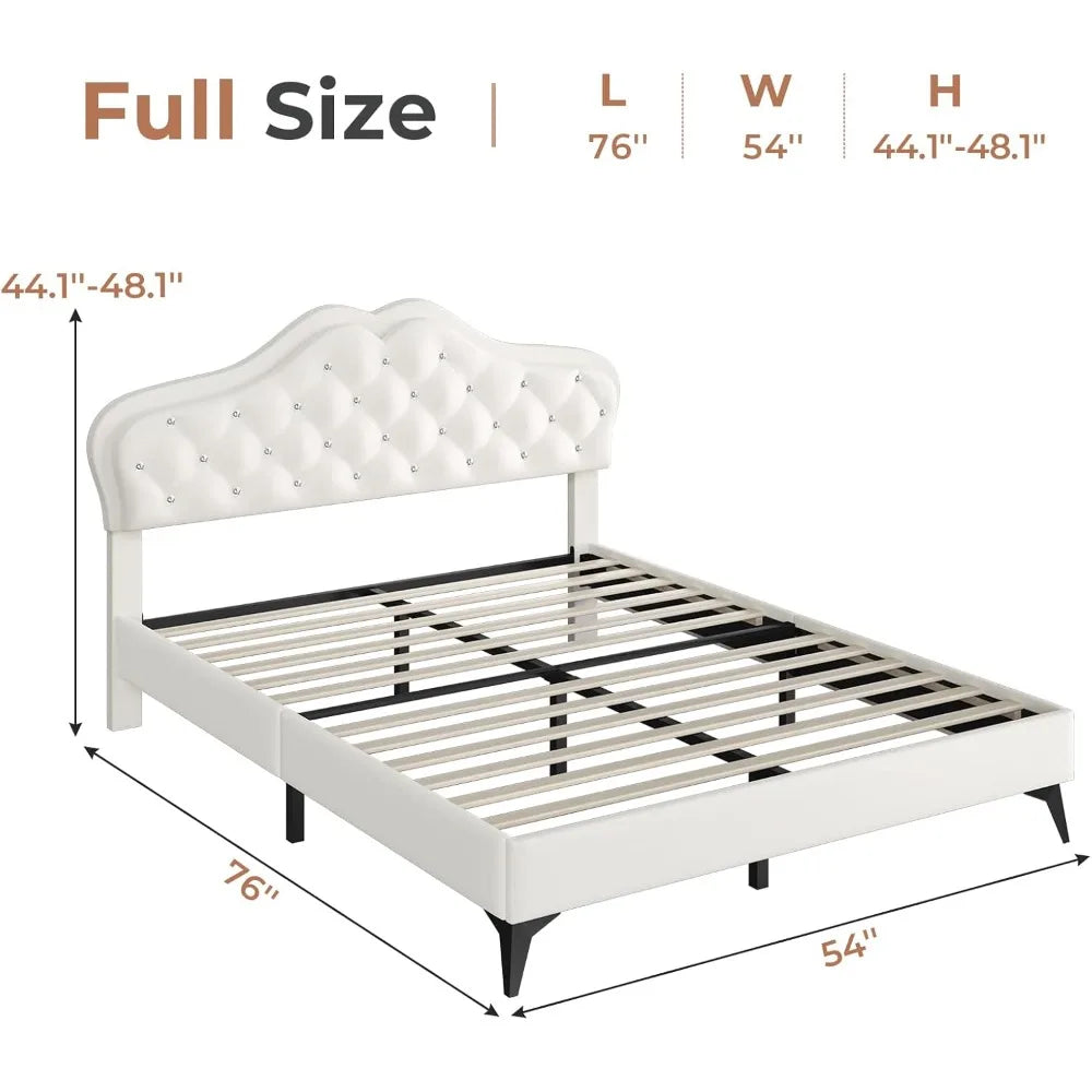 Full Size Princess Bed Frame – Upholstered Platform with LED Lights & Adjustable Crystal Headboard