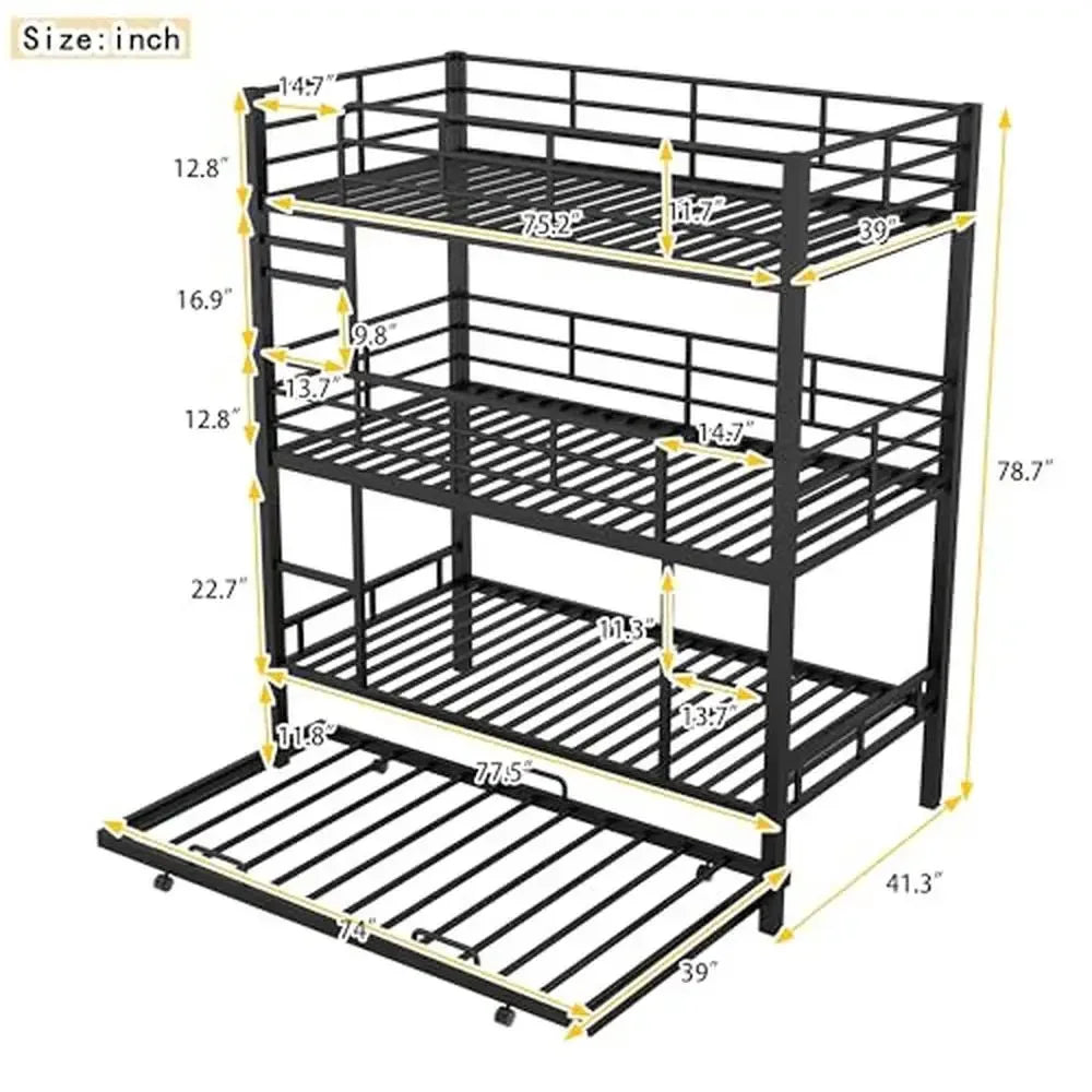 Triple Bunk Bed with Trundle – Metal Twin/Twin/Twin Frame with Ladders & Safety Rails