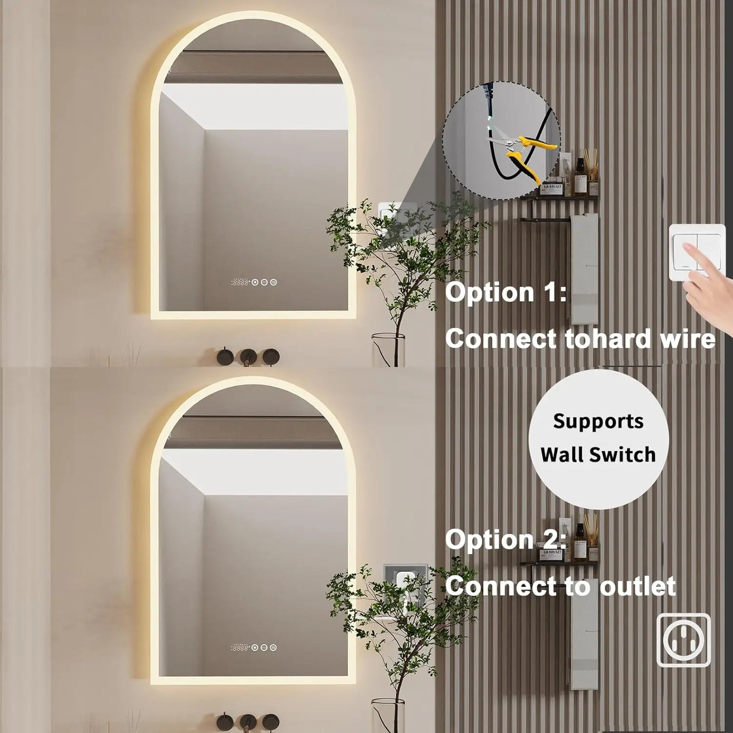 Arched Smart LED Bathroom Mirror – 36" x 24" Wall-Mounted Lighted Mirror