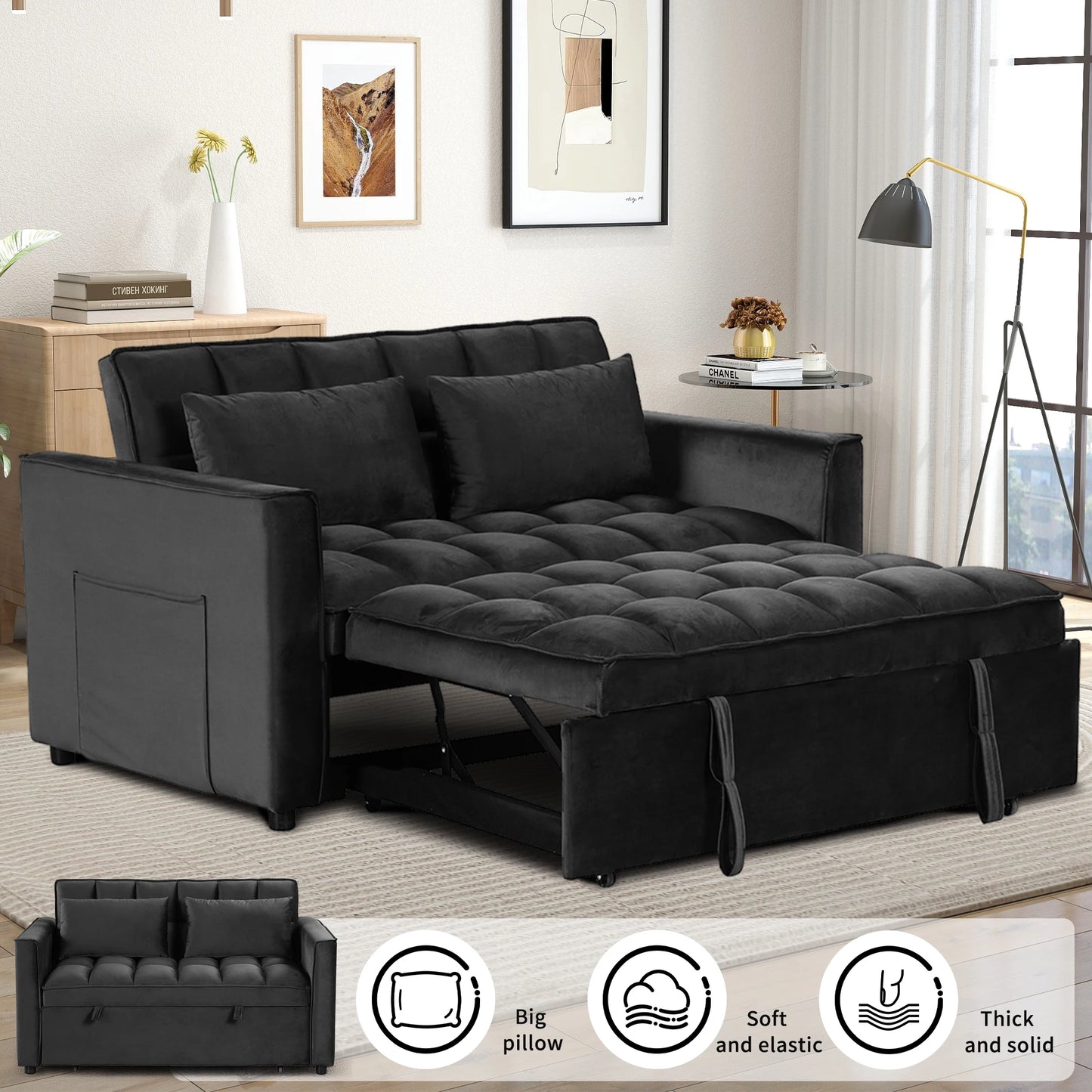 EBELLO 3-in-1 Modern Sofa Bed – Convertible Double Sofa with Pillows