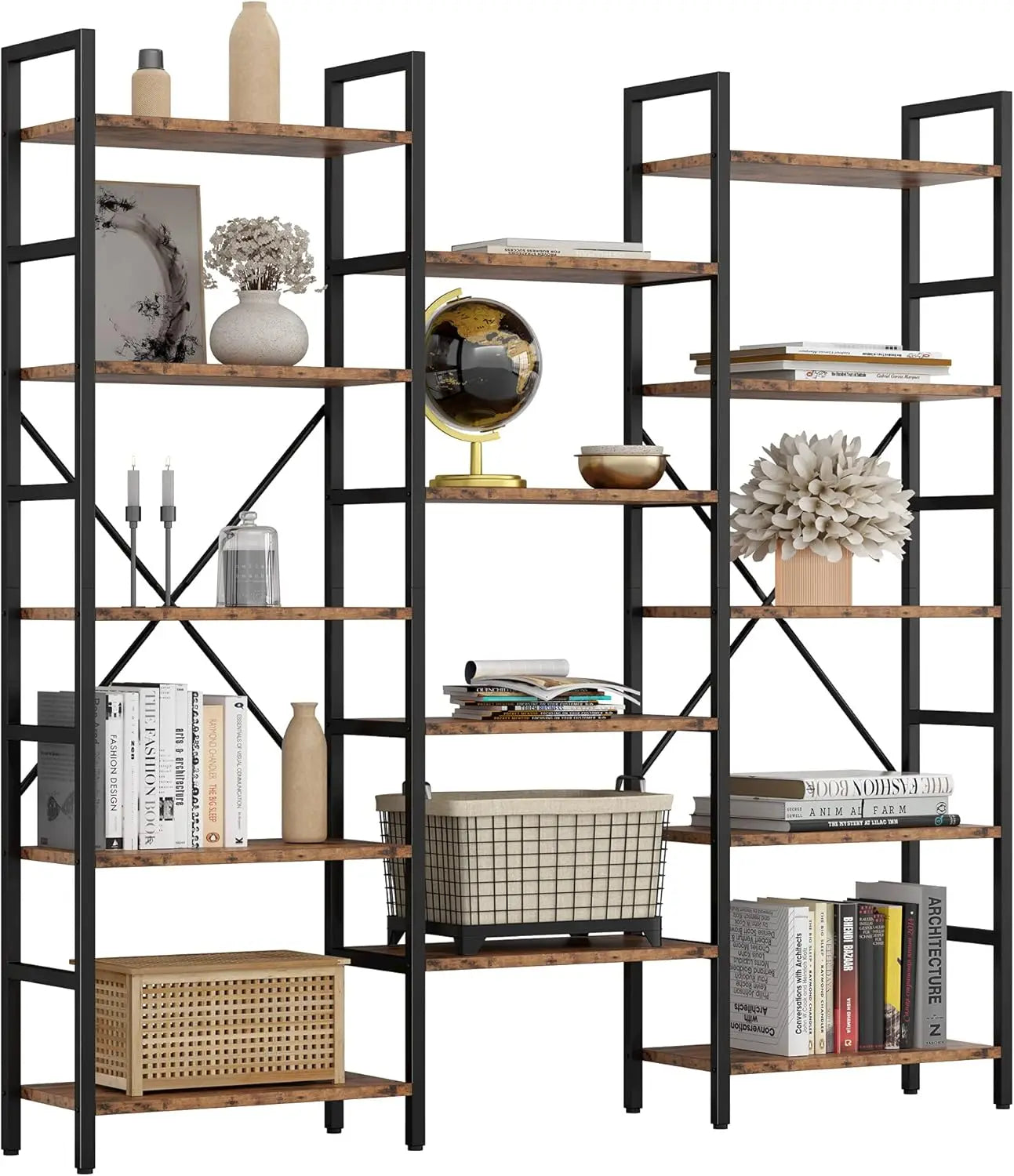 Triple Wide 5-Tier Industrial Bookshelf – Large Open Etagere with Metal Frame