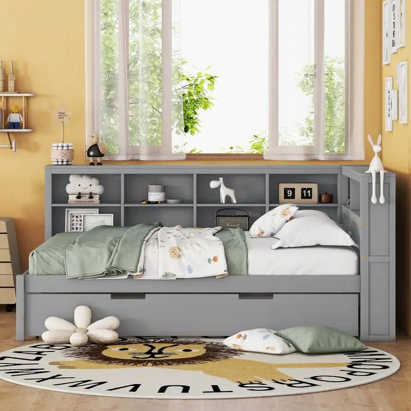 Grey Wooden Full Size Daybed with Twin Trundle, Storage Shelf & Built-in USB Ports