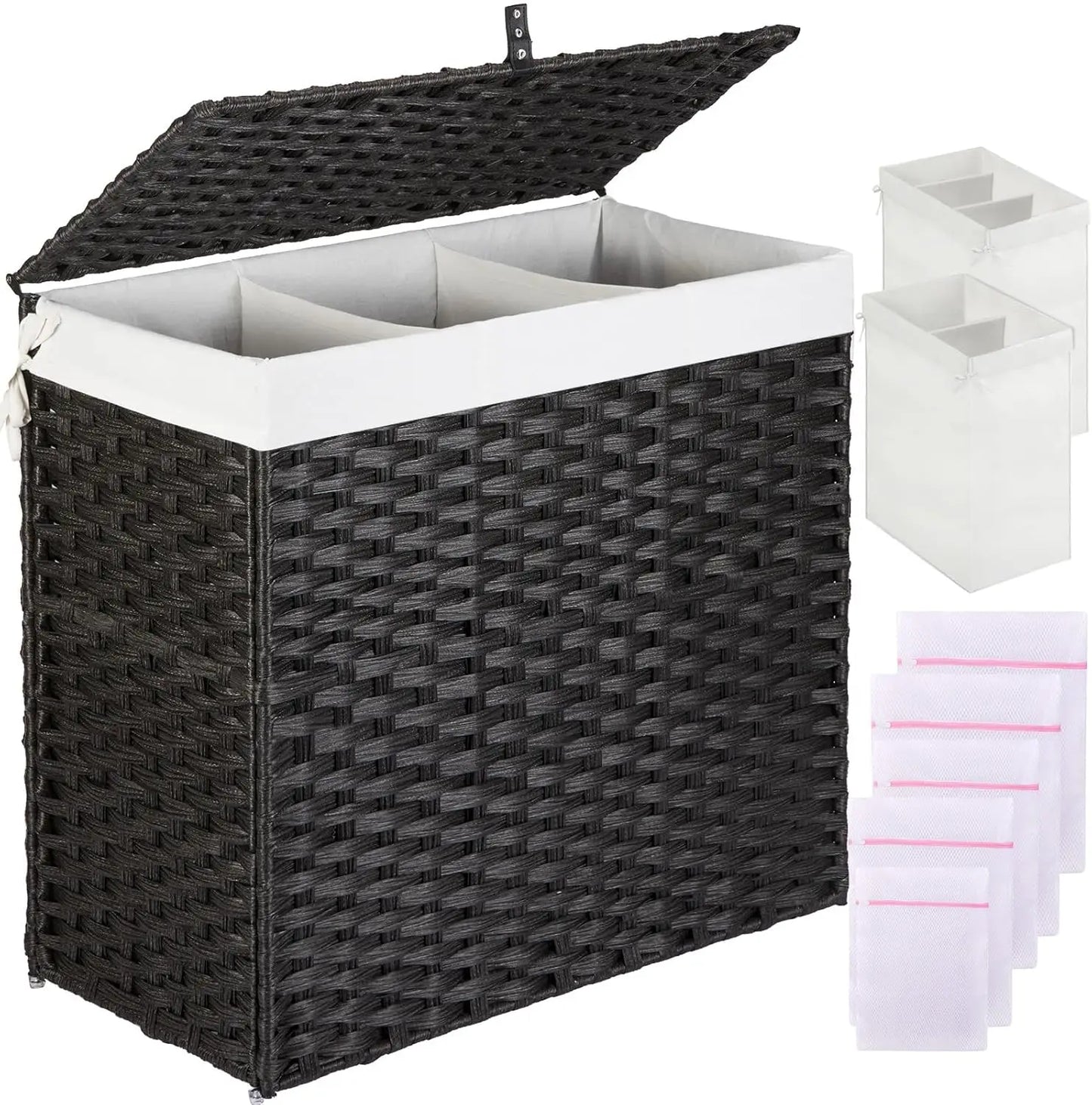 125L Laundry Hamper with Lid – 3-Section & 2-Section Removable Bags + 5 Mesh Bags, Handwoven