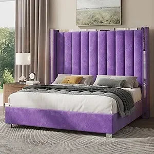 Velvet Upholstered Platform Bed – 58" Tall Wingback Headboard with Channel Tufted Design