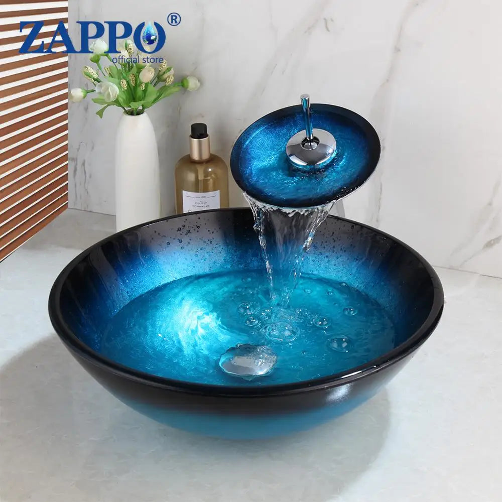 ZAPPO Blue Tempered Glass Vessel Sink – Oval Above-Counter Basin with Black Waterfall Faucet