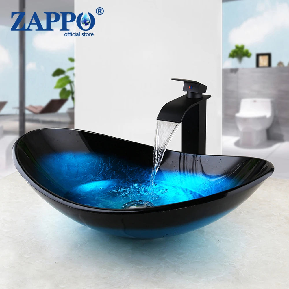 ZAPPO Blue Tempered Glass Vessel Sink – Oval Above-Counter Basin with Black Waterfall Faucet