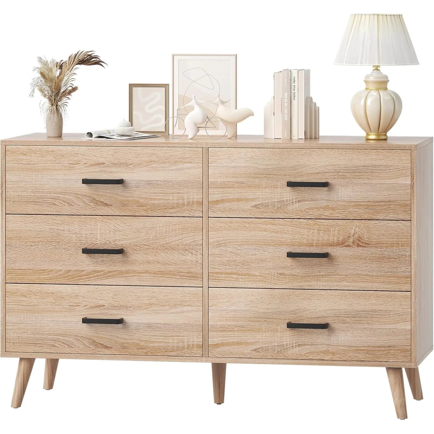 Wood Dresser for Bedroom 6 Drawer Dresser with Metal Handles Mid Century Modern Dresser Double Chest of Drawer Light Oak