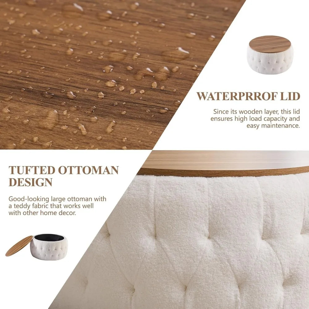 Round Storage Ottoman with Wooden Lid – Tufted Teddy Fabric Footrest, Stool & Coffee Table