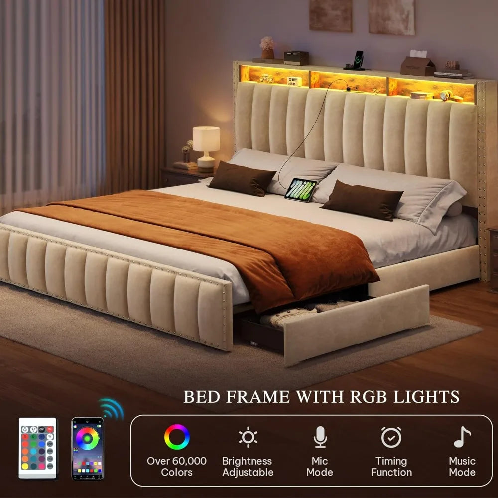Queen Bed Frame with Storage Drawers & RGB LED Lights – Velvet Upholstered Platform with Charging Station