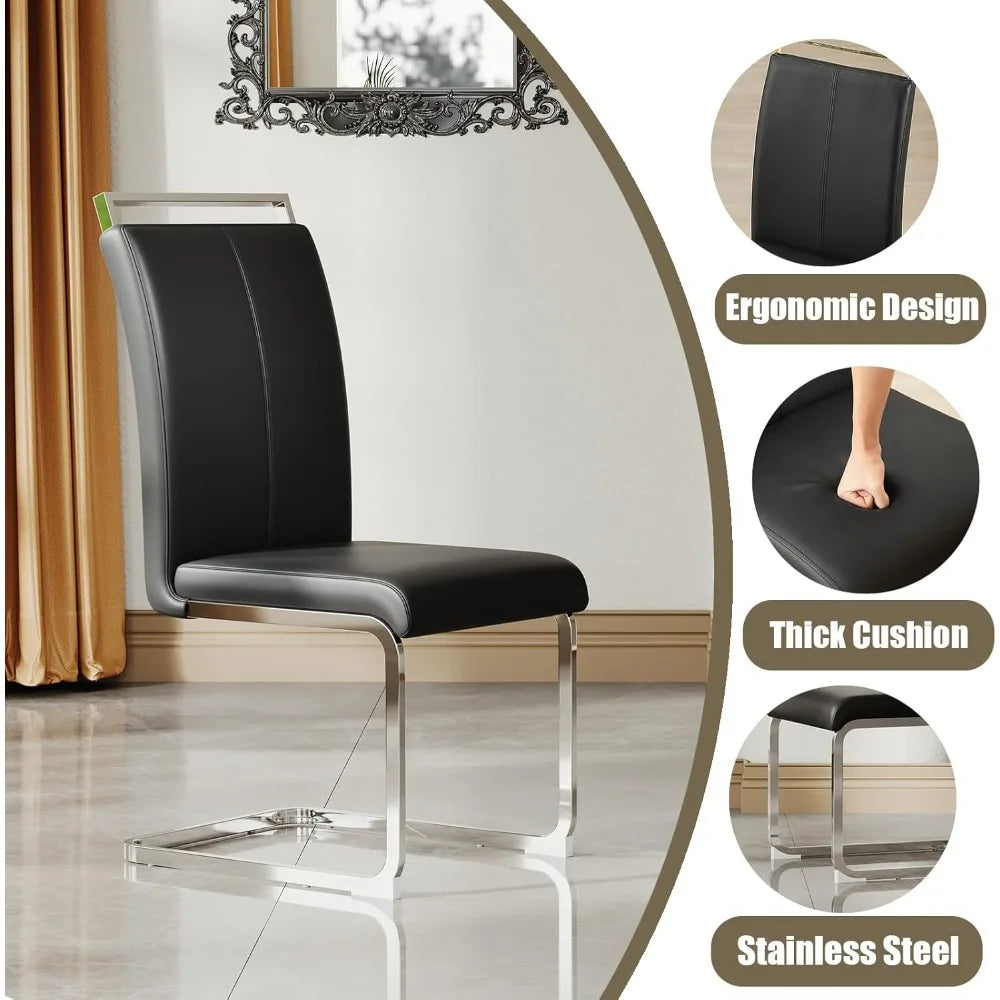 Glass Dining Table Set for 4 – 36" Round Silver Tempered Glass Table with 4 Black Faux Leather Chairs, Modern Kitchen & Home Office