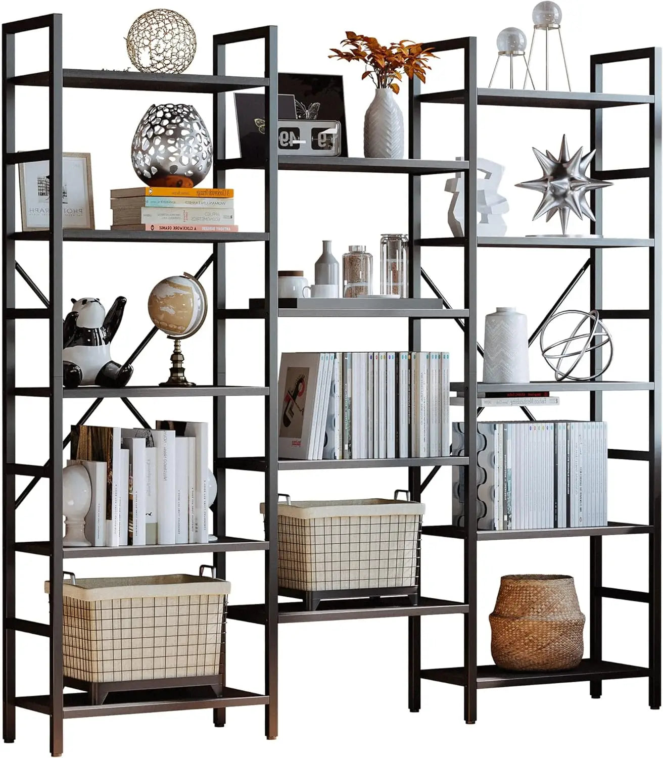 Triple Wide 5-Tier Industrial Bookshelf – Large Open Etagere with Metal Frame