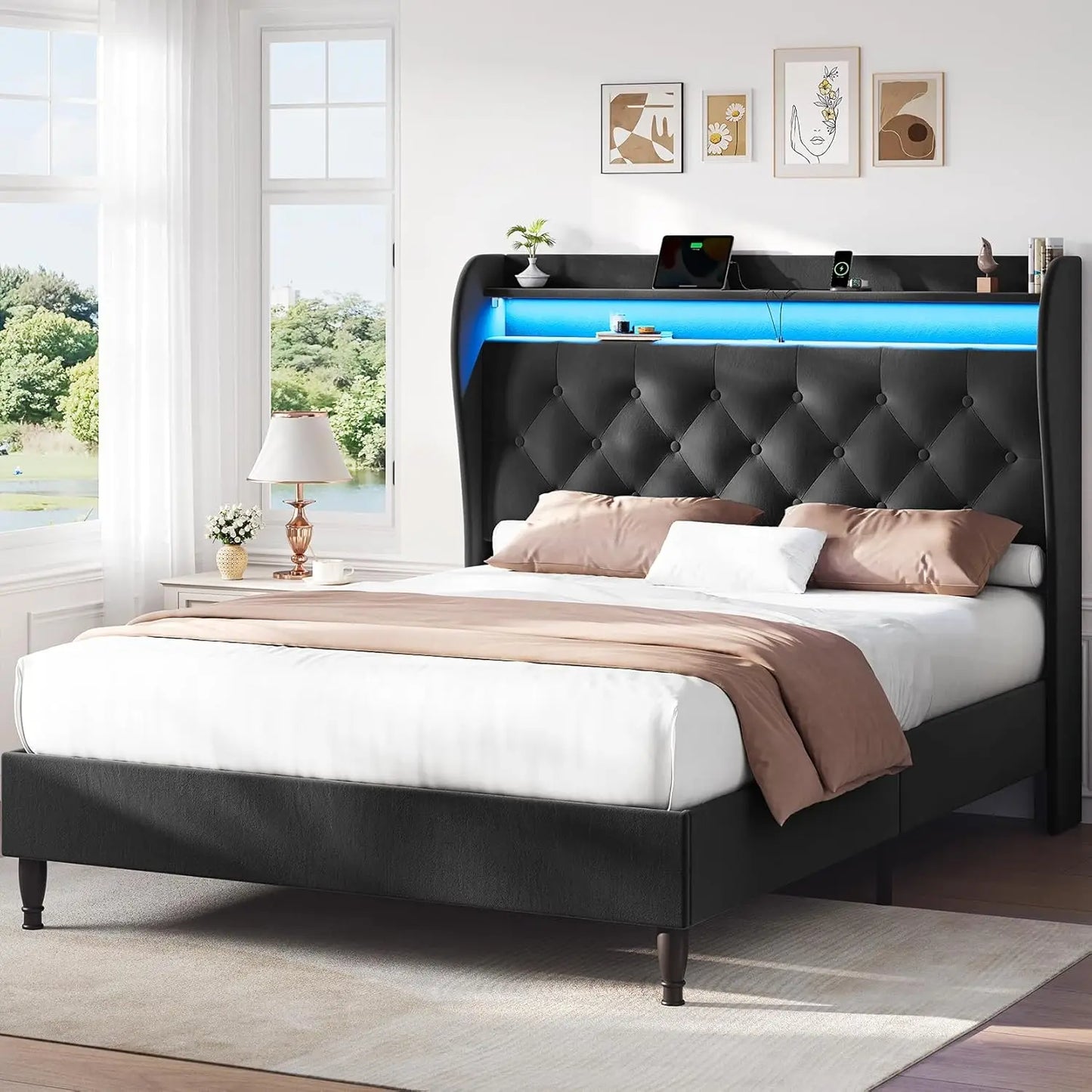 55.3" Corduroy Upholstered Platform Bed – Tall Headboard with LED Lights & USB Charging