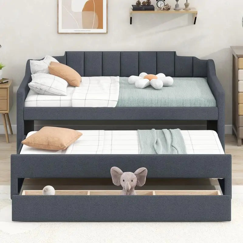 Grey Twin Upholstered Daybed with Trundle & 3 Storage Drawers