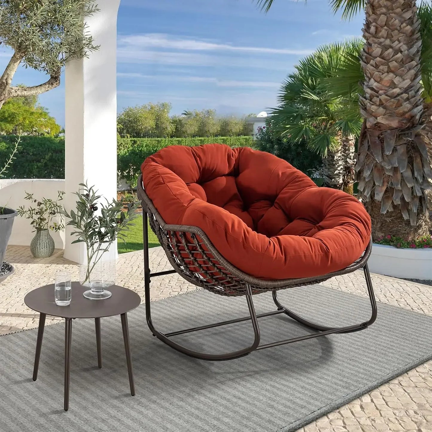 Oversized Wicker Egg Rocking Chair – Indoor/Outdoor Lounge Chair with Plush Cushion