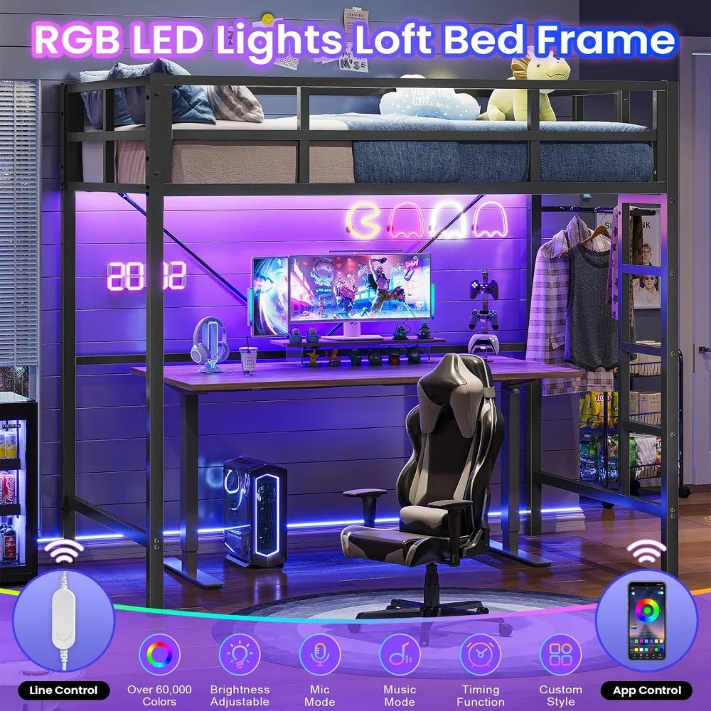 Twin Metal Loft Bed with LED Lights – Heavy Duty Frame with Guardrails & Clothes Rack