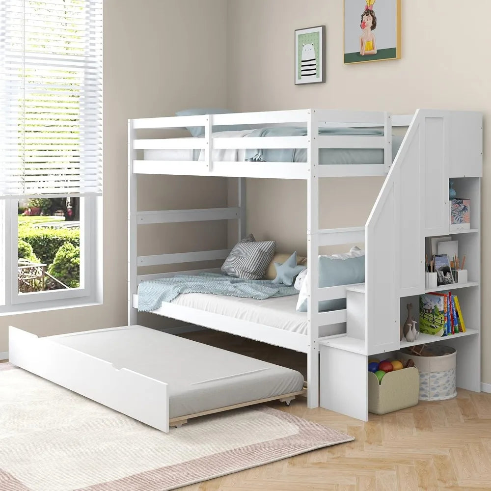 Twin over Twin Bunk Bed with Trundle & Stairs – Solid Wood Frame w/ Storage & Convertible Design