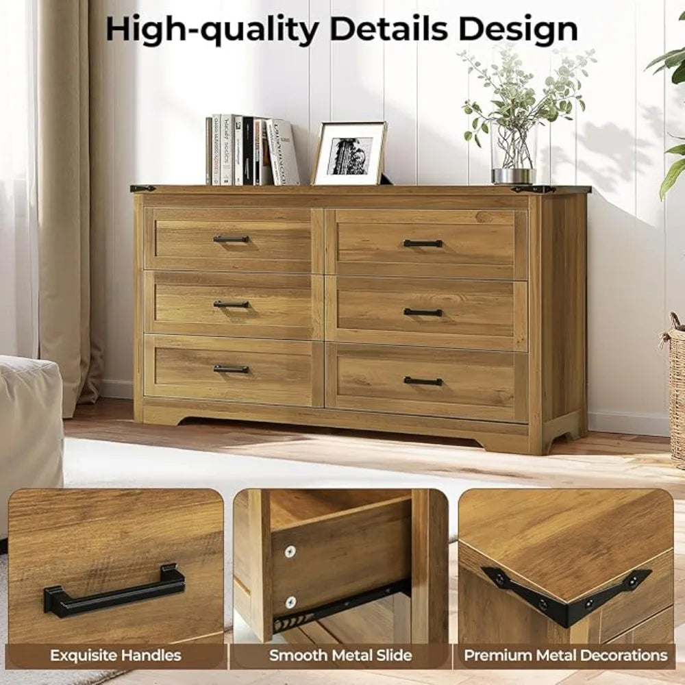 54" Wide Farmhouse 6-Drawer Wooden Dressing Table with Metal Handles