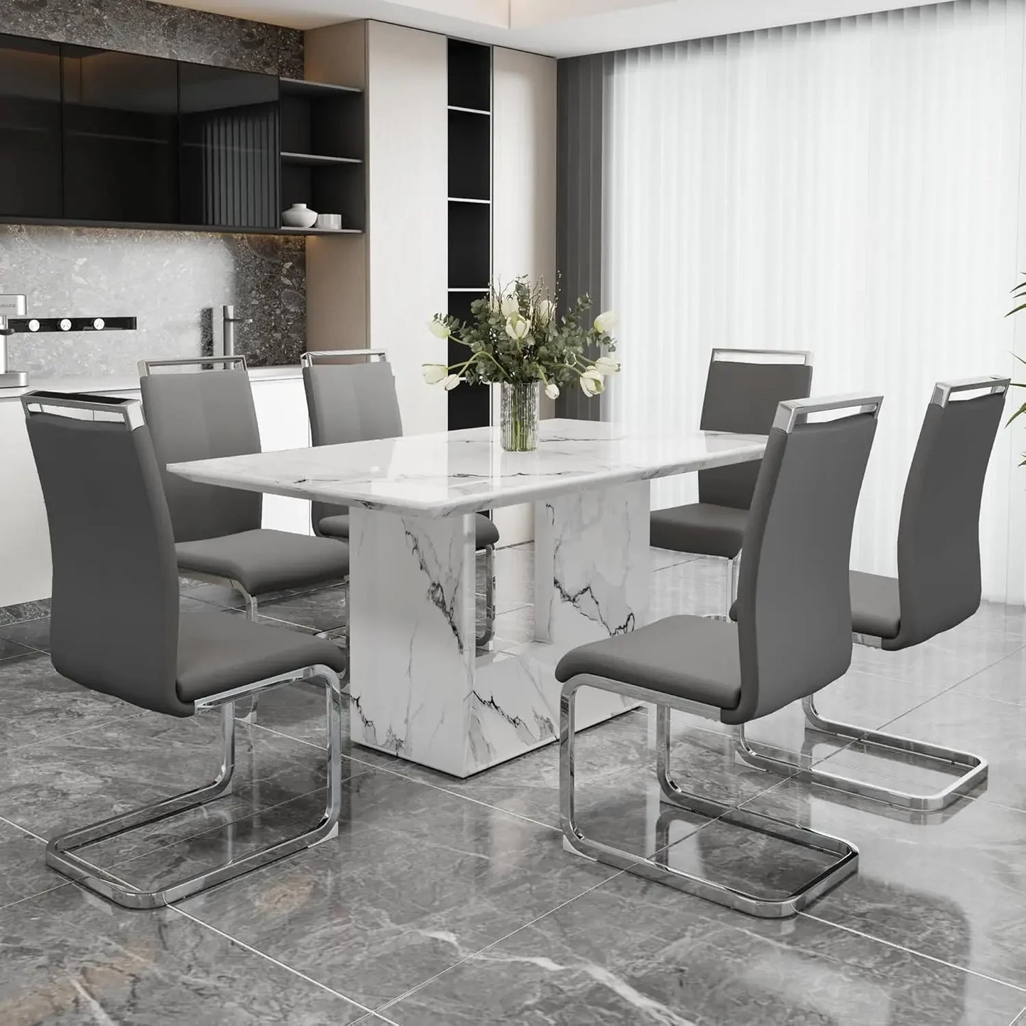 6-Piece Dining Table Set – 63" White Marble-Style Table with 6 PU Leather Chairs