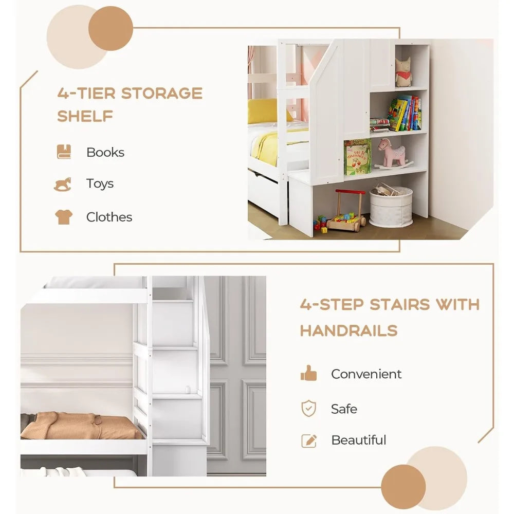 Twin over Twin Bunk Bed with Trundle & Stairs – Solid Wood Frame w/ Storage & Convertible Design