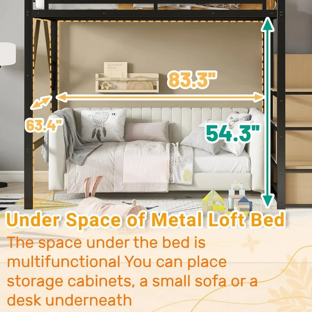 Full Size Loft Bed with Stairs – Built-In Shelf & Under-Bed Storage