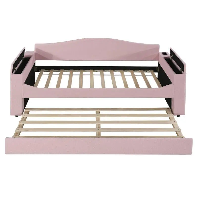 Pink Twin Upholstered Daybed with Trundle, Storage Armrests & Bluetooth Audio, Teddy Fleece