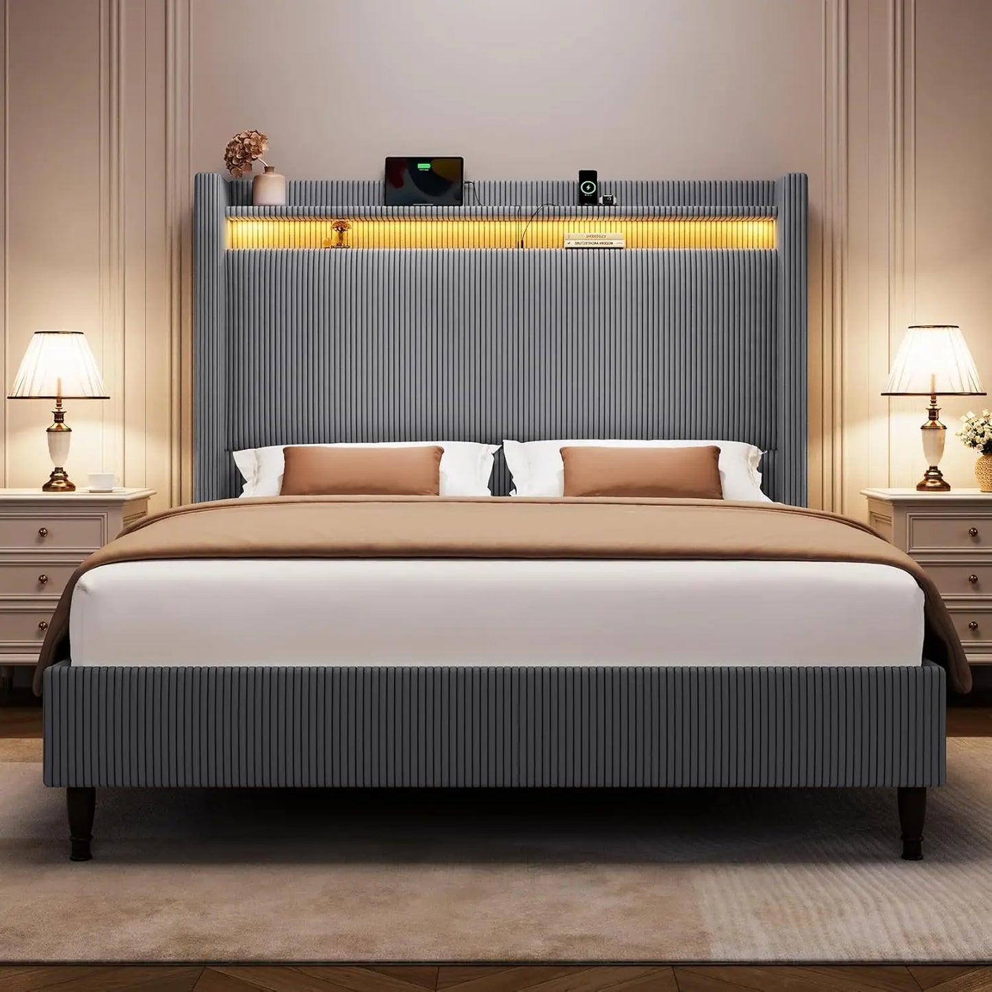 55.3" Corduroy Upholstered Platform Bed – Tall Headboard with LED Lights & USB Charging