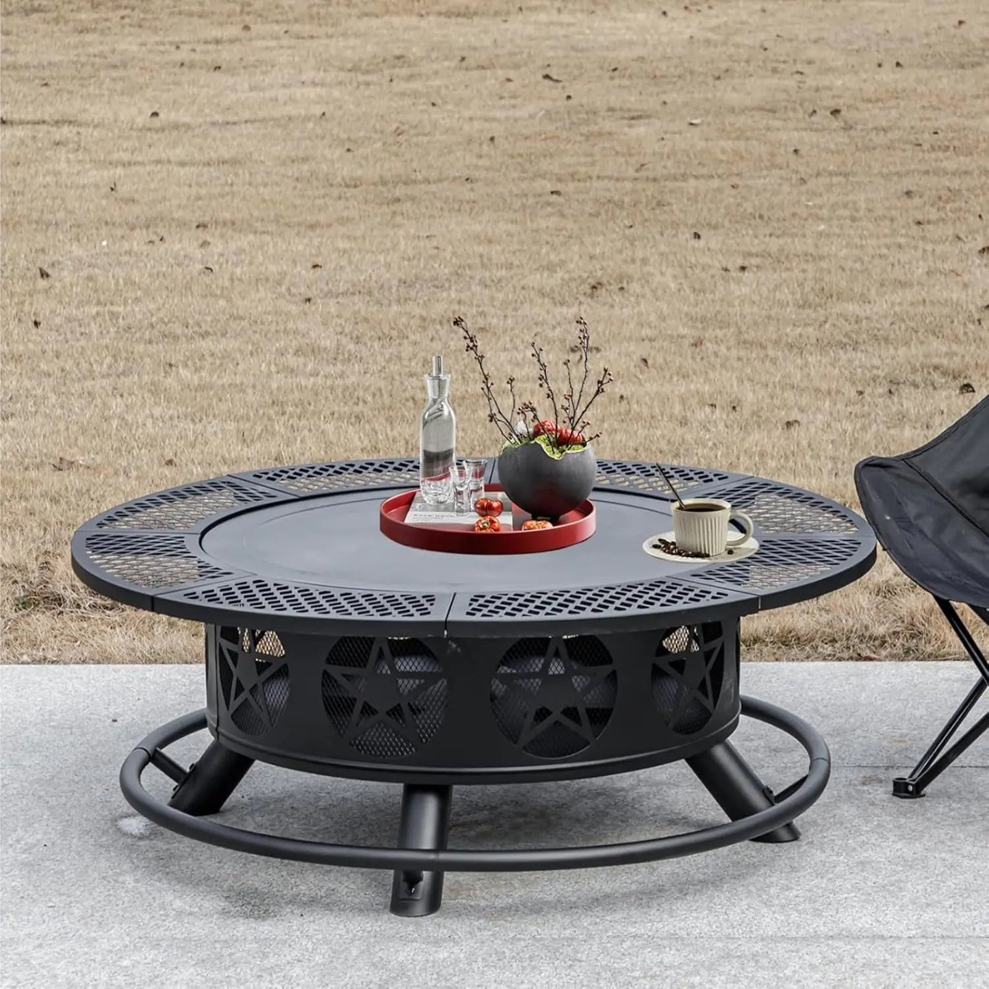 36" Wood Burning Fire Pit – Outdoor Firepit with 2 Grills, Lid & Poker for BBQ and Backyard