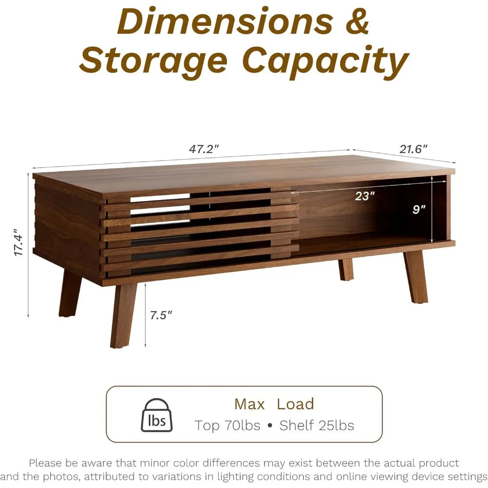 Mid-Century Modern Coffee Table – Walnut Finish with Storage & Sliding Fence Door
