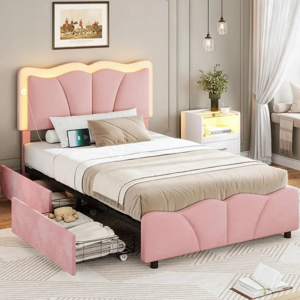 Twin Velvet Upholstered Platform Bed Frame with LED Headboard, 4 Storage Drawers & Adjustable Height