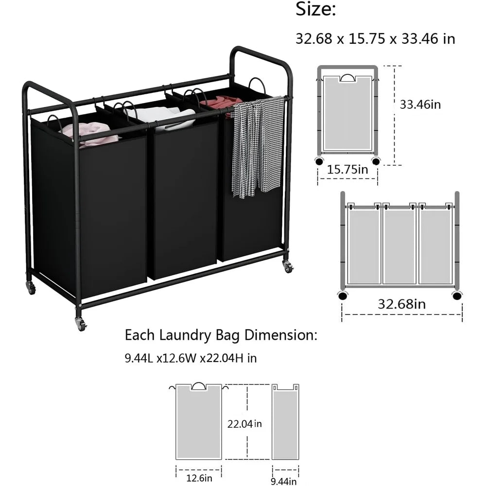 3-Bag Laundry Sorter Cart – Heavy-Duty Rolling Hamper with Locking Wheels