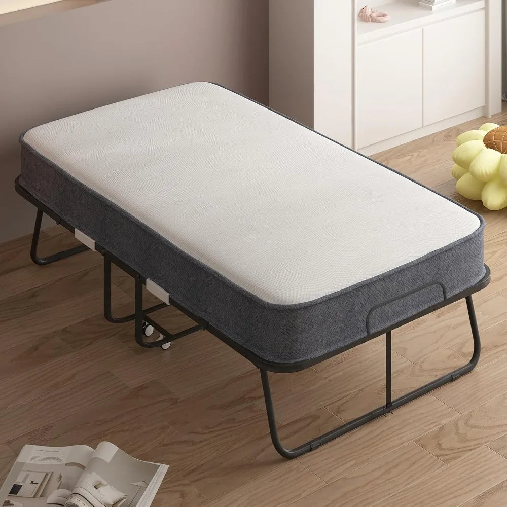 Twin Size Folding Rollaway Bed with 4" Foam Mattress & Sturdy Metal Frame, Portable Extra Bed