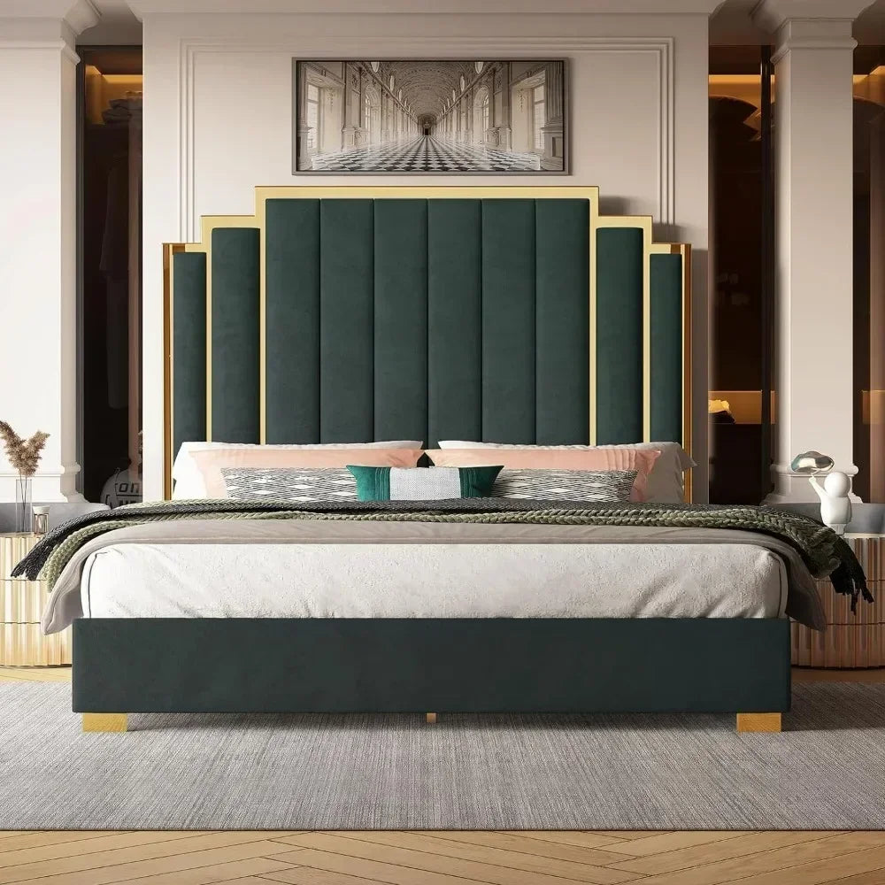 King Size Velvet Platform Bed Frame – Green Upholstered with Gold Trim Headboard & Wooden Slats