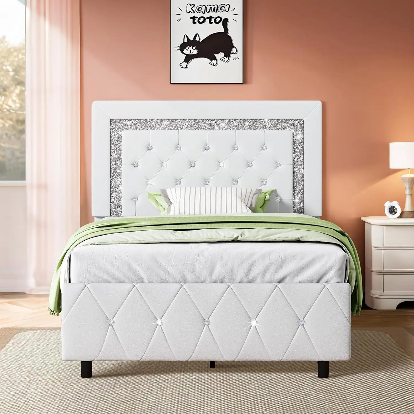 Platform Bed Frame with Upholstered Diamond Headboard & Wooden Slat Support