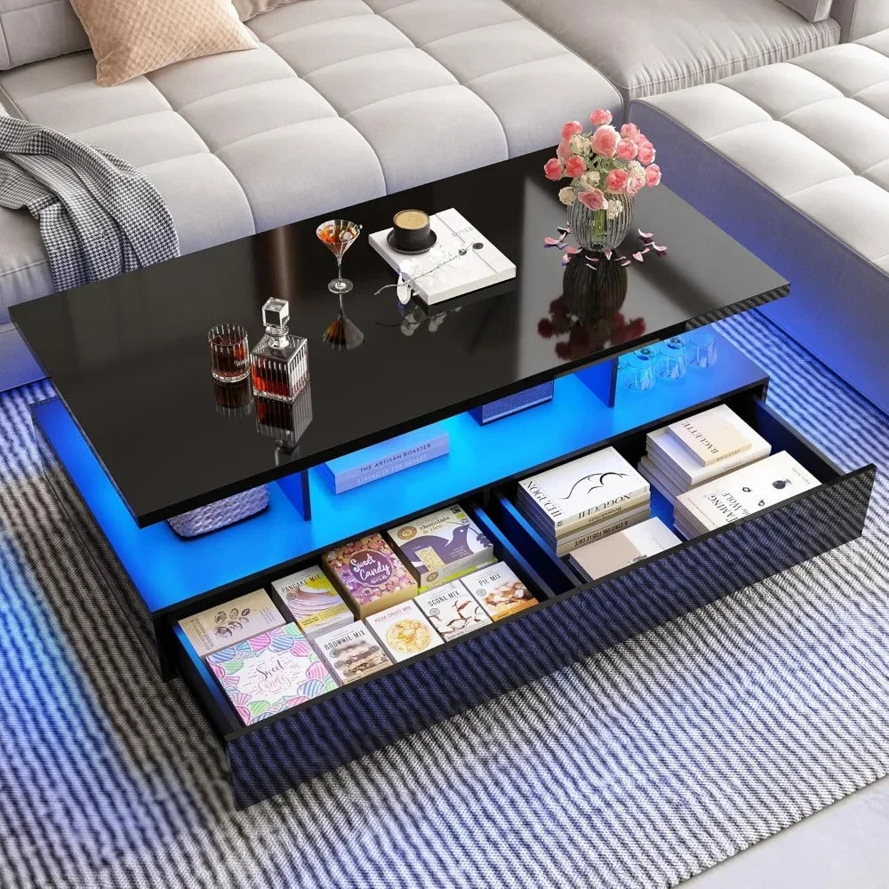 Modern Black LED Coffee Table – High Gloss with App Control Lights & 2 Storage Drawers