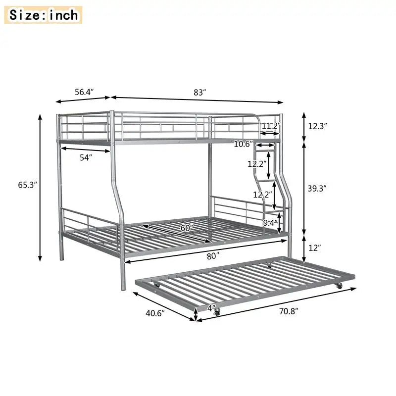Silver Metal Bunk Bed, Full XL Over Queen with Trundle, Heavy-Duty Frame