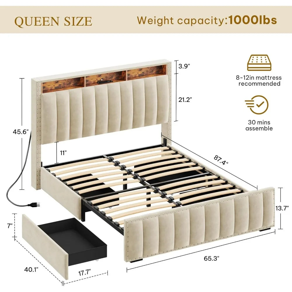 Queen Bed Frame with Storage Drawers & RGB LED Lights – Velvet Upholstered Platform with Charging Station